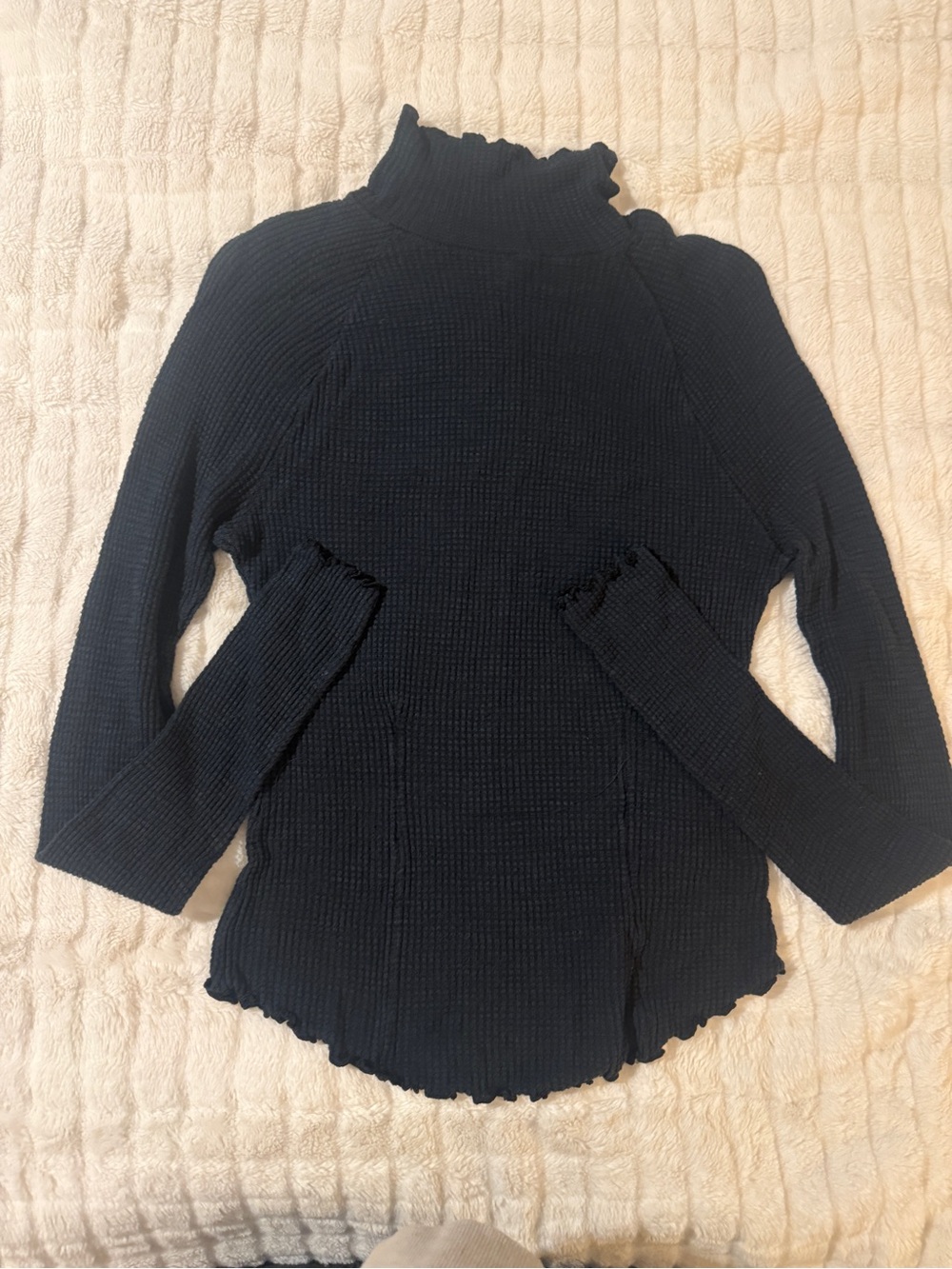 Free People Navy Ruffled Mock Neck Thermal Top- S